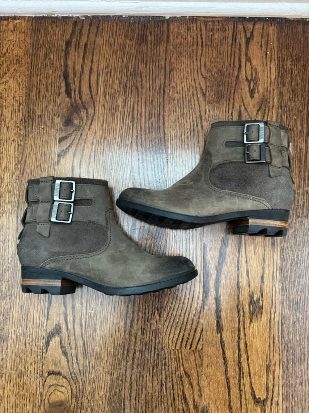 Sorel Women's Suede Ankle Booties with Double Buckle - Taupe - Picture 2 of 8
